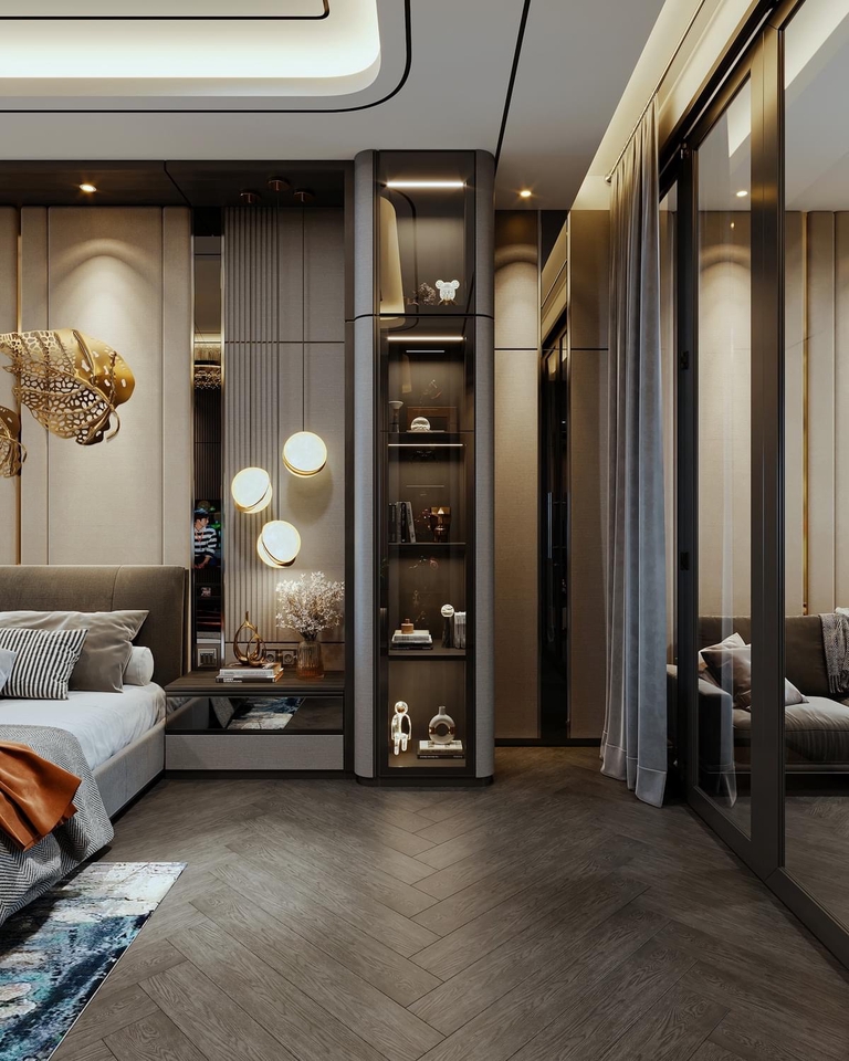 Desain interior ruang tamu dengan rak kaca dan pencahayaan modern