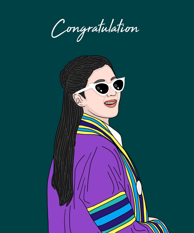 ภาพประกอบหญิงสาวผมดำ ใส่ชุดครุย สวมแว่นตาสีขาว ในคอนเซ็ปต์การแสดงความยินดี