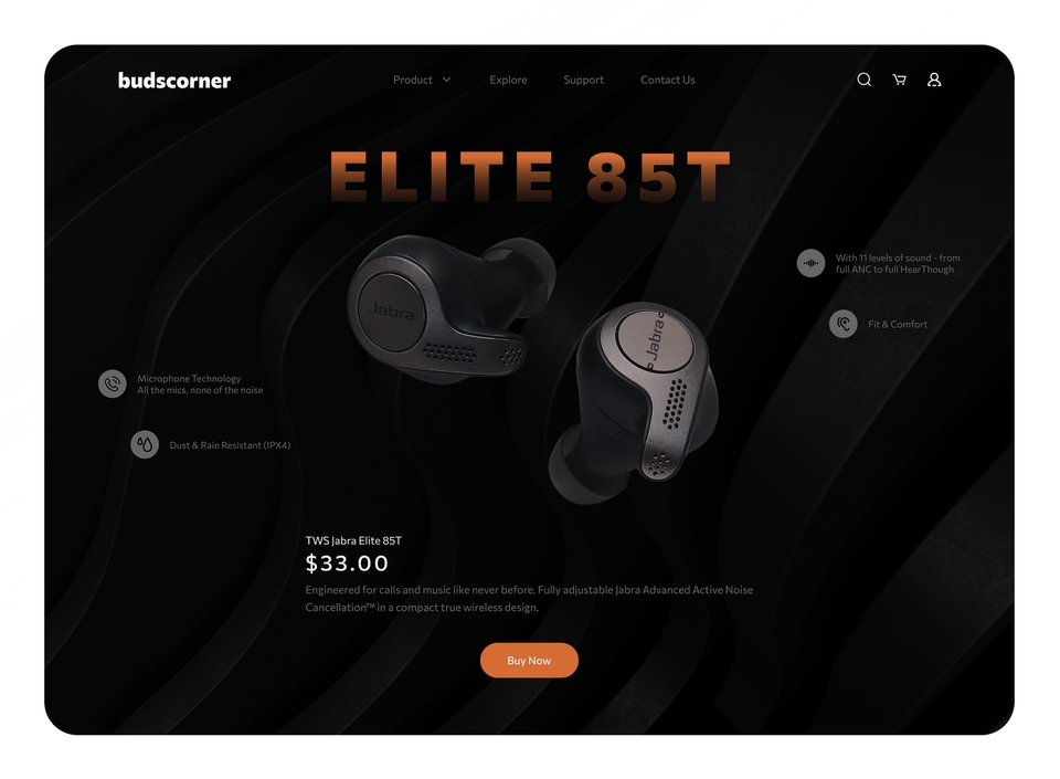 Desain UI UX untuk earphone nirkabel premium, dengan warna gelap dan tata letak yang minimalis, menampilkan model earphone  Elite 85T dengan fitur noise cancellation.