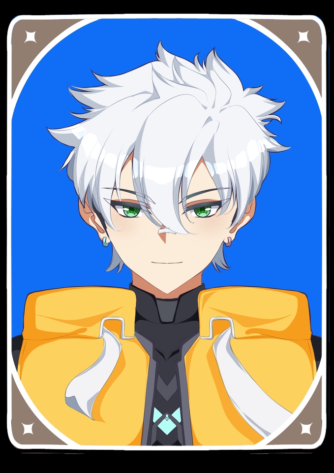 Ilustrasi karakter anime pria dengan rambut putih dan baju kuning