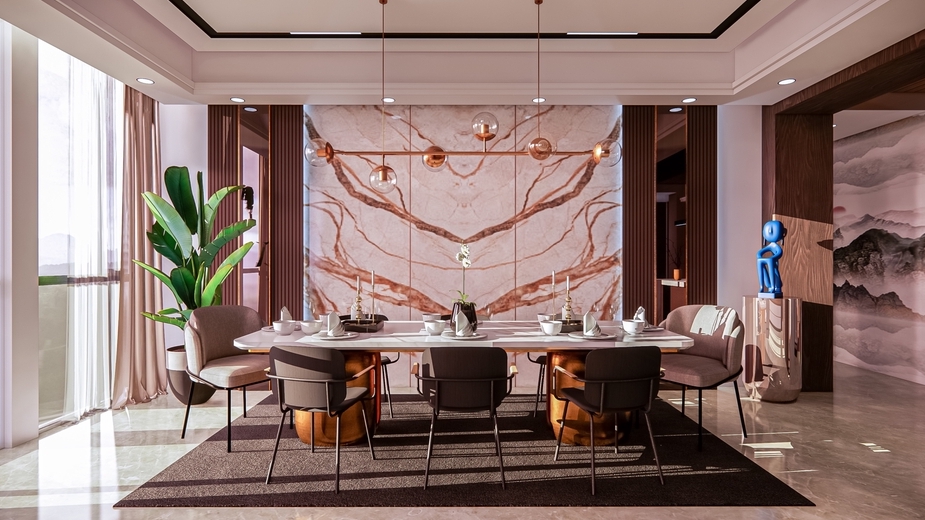 Desain Interior Ruang Makan Minimalis Modern dengan Meja Makan Kayu dan Kursi Mewah