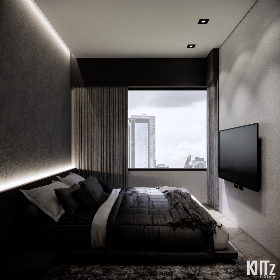 รับออกแบบตกแต่งภายในห้องนอนหรูหรา โดยใช้โทนสีเทาเข้ม ตกแต่งด้วยเฟอร์นิเจอร์ไม้