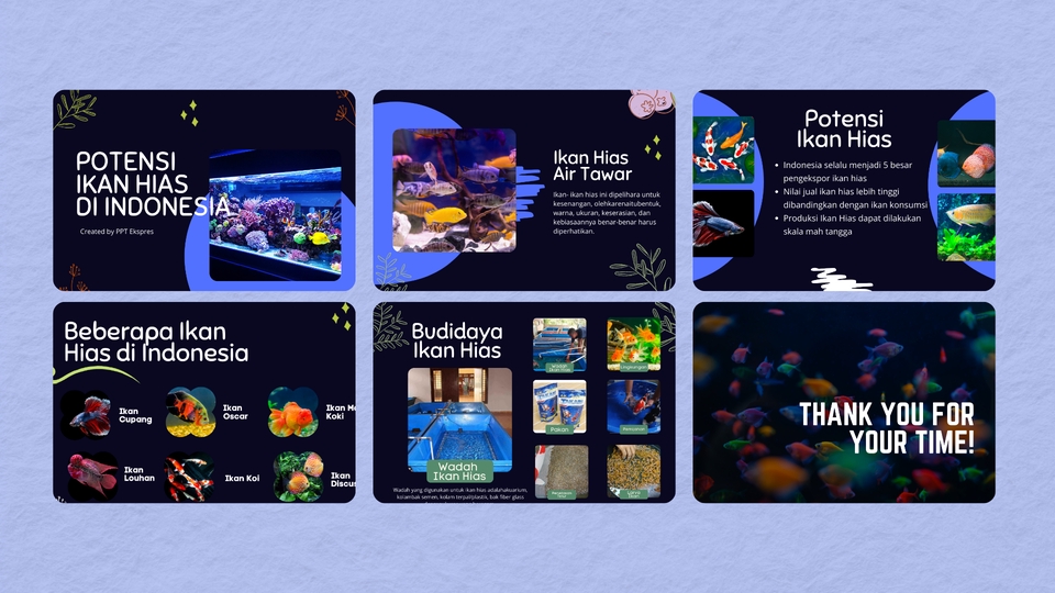 Jasa desain presentasi powerpoint dengan tema ikan hias air tawar, cocok untuk presentasi bisnis atau edukasi.