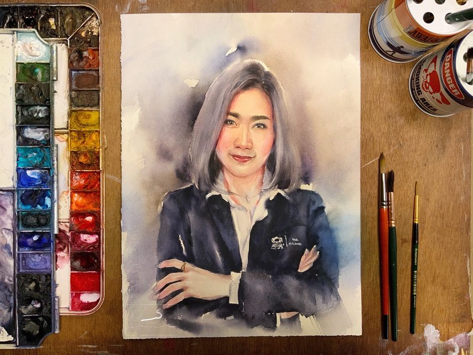 วาดภาพเหมือน Portrait - รับวาดภาพเหมือน ด้วยเทคนิคสีน้ำ (วาดลงกระดาษสีน้ำอย่างดี) / รับวาดภาพล้อเลียนสี - 7