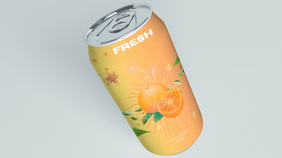 Desain kemasan minuman dengan konsep segar dan menarik, cocok untuk produk minuman segar.