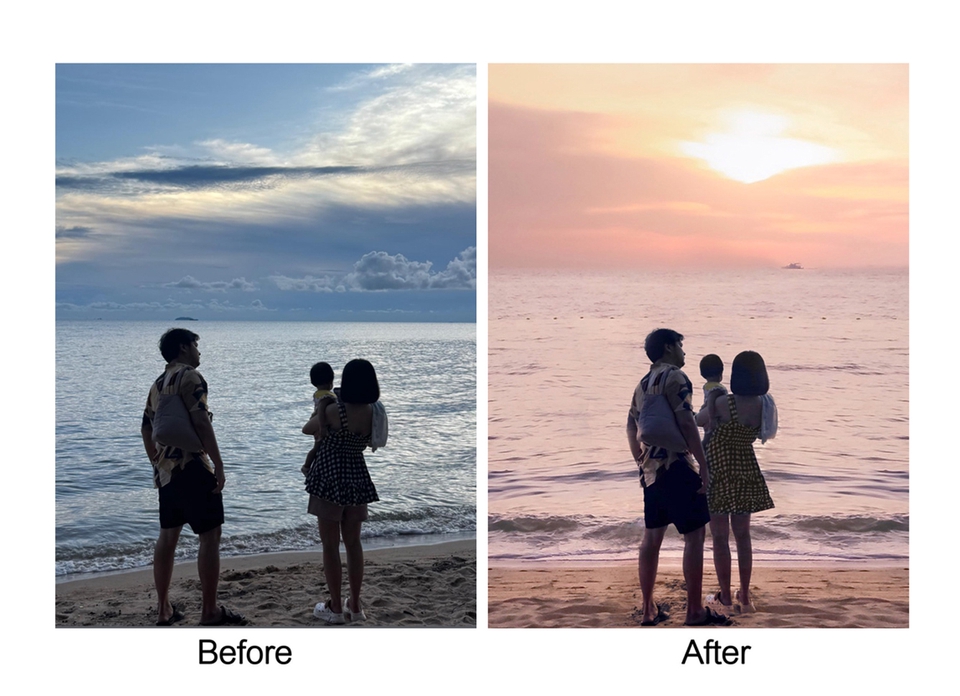 รับแต่งรูปภาพก่อนหลัง ปรับแสงรูปภาพ ภาพครอบครัวริมทะเล Photoshop