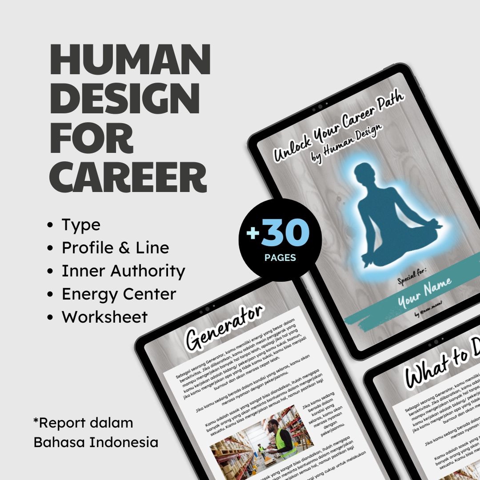 Unlock Your Career Path dengan Human Design: Panduan 30 halaman untuk membantu Anda menemukan karir yang sesuai dengan desain manusia Anda, termasuk profil, line, inner authority, energy center, dan worksheet.