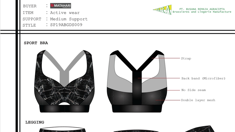 Desain bra olahraga dengan motif marmer hitam dan detail lapisan mesh