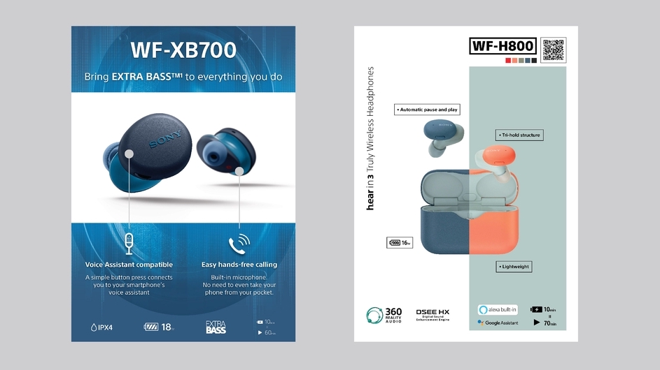 ออกแบบโปสเตอร์ โฆษณา หูฟังไร้สาย WF-XB700 และ WF-H800 พร้อมคำอธิบาย คุณสมบัติของหูฟัง
