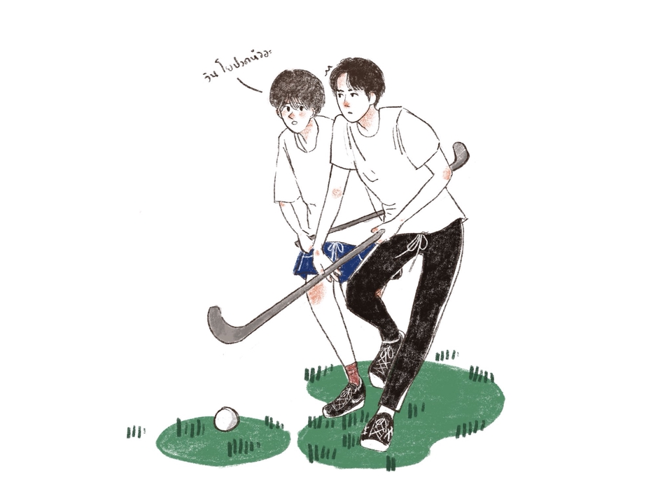 รับวาดภาพประกอบ บุคคลคู่รัก กำลังเล่นกีฬาฮอกกี้บนสนาม