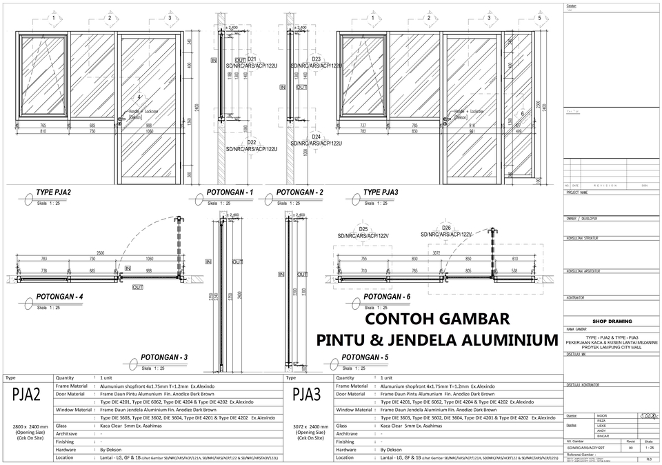 CAD Drawing - Gambar Kerja 2D Kusen Aluminium dan Kaca, Kaca Frameless & Pintu Automatic - 4
