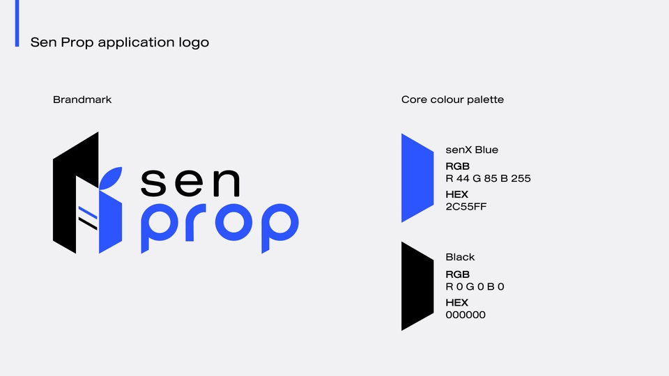 รับออกแบบโลโก้Sen Prop แอปพลิเคชั่น โลโก้สีน้ำเงินดำทันสมัย ออกแบบโลโก้แบบมินิมอล