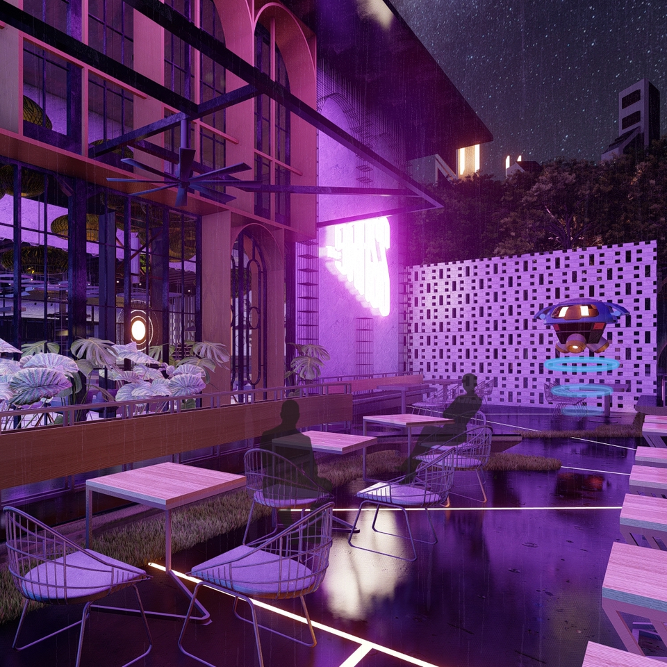 Jasa pembuatan video animasi 3d untuk desain interior cafe dengan konsep cyberpunk.