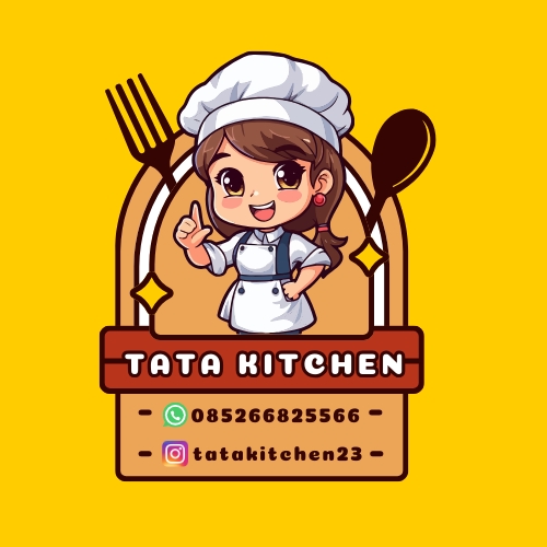 Jasa desain logo online untuk Tata Kitchen, logo restoran dengan desain karakter chef lucu