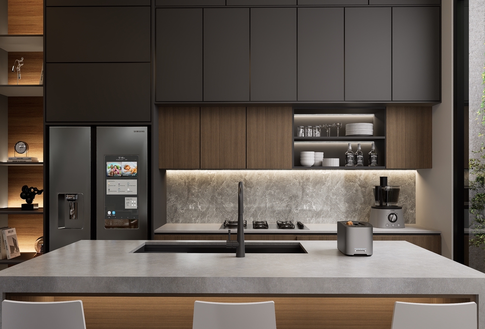 Jasa desain interior dapur minimalis modern dengan kitchen set dan peralatan lengkap.