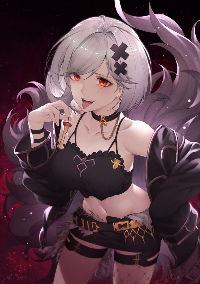 แฟนอาร์ตการ์ตูนสาวผมขาว แต่งตัวสไตล์เกาหลี ใส่เสื้อสายเดี่ยวและกางเกงขาสั้น