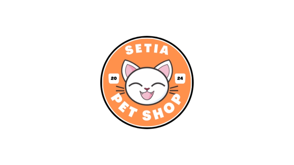 Logo Setia Pet Shop dengan gambar kucing putih tersenyum