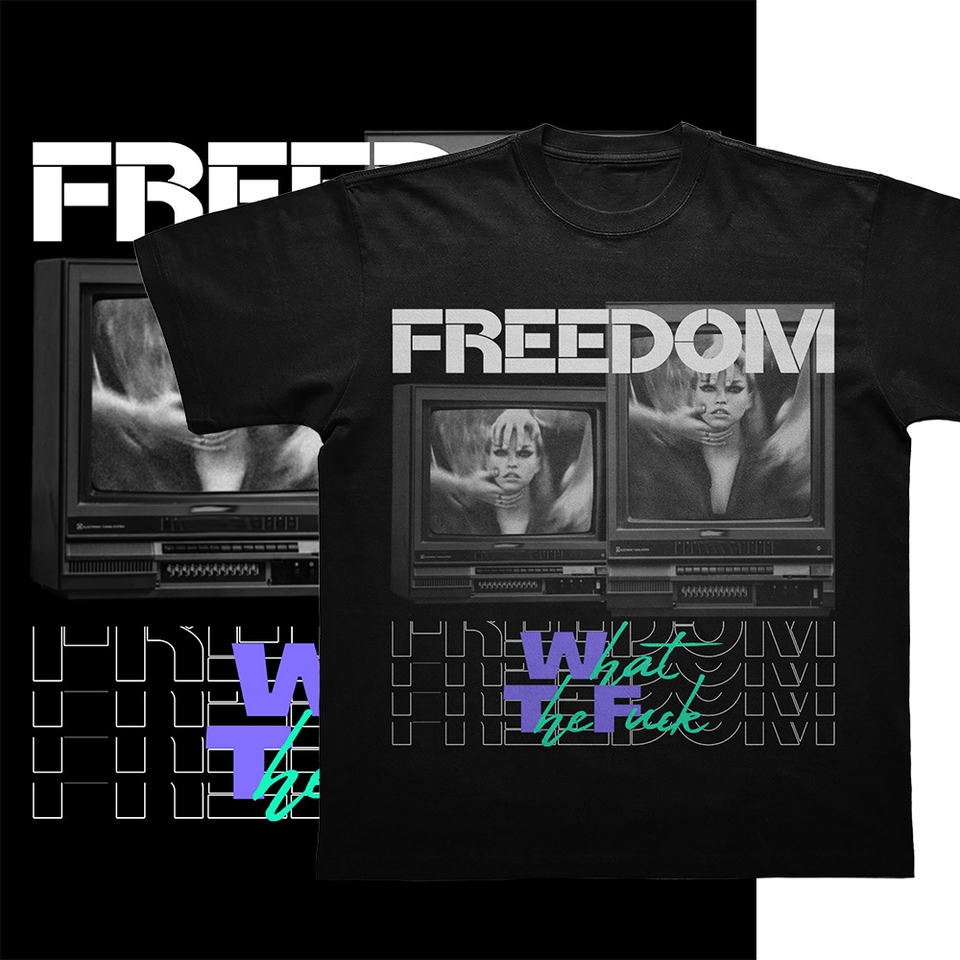 Desain kaos dengan gambar televisi hitam putih dan tulisan "Freedom" cocok untuk distro atau jualan online.