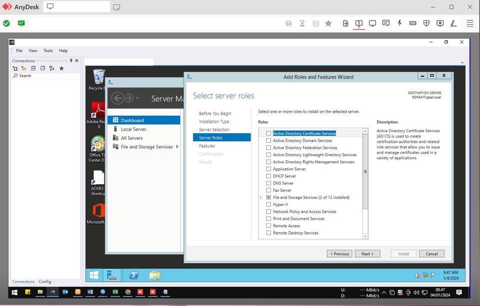 Jasa instalasi server windows dengan pilihan server roles seperti Active Directory Certificate Services, Active Directory Domain Services, DHCP Server, dan File and Storage Services.