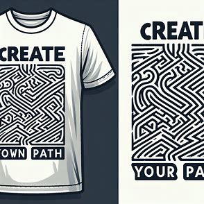 Desain kaos custom dengan motif labirin dan teks "Create your own path"