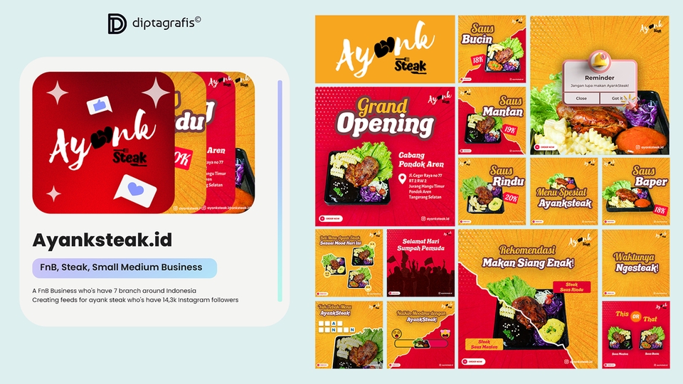Desain banner instagram makanan online Ayank Steak untuk promosi dan branding online.