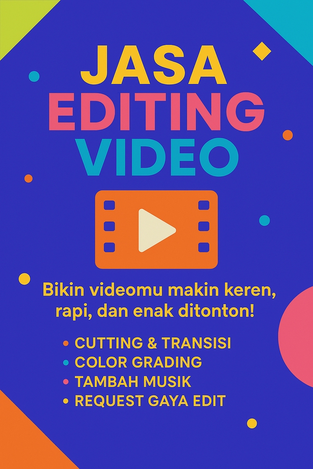 Jasa editing video profesional untuk membuat video Anda lebih keren, rapi, dan enak ditonton. Layanan meliputi: cutting dan transisi, color grading, tambah musik, request gaya edit.