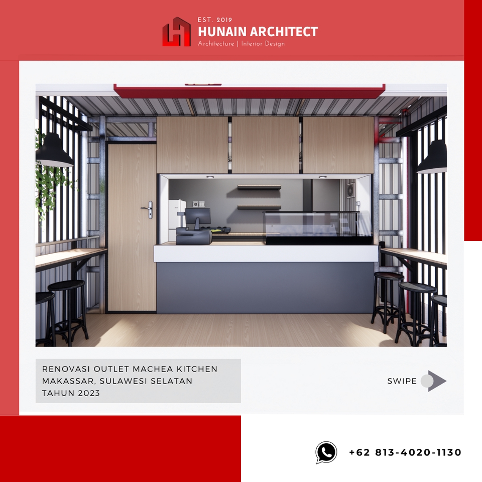 Jasa Desain 3D Cafe Makassar: Renovasi Outlet Machea Kitchen. Desain interior cafe minimalis modern. Hunain Architect.