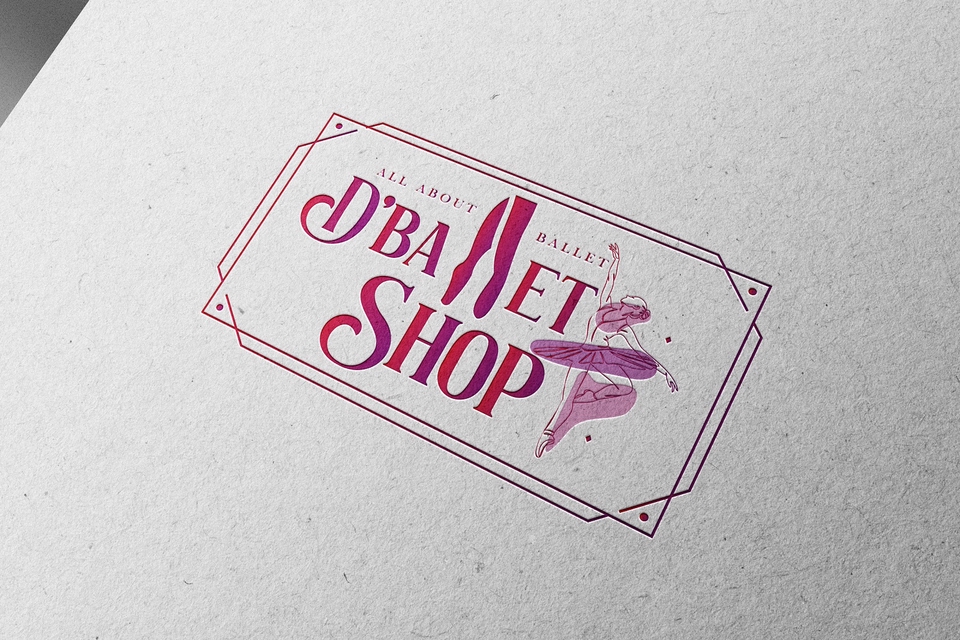Desain logo "D'Ballet Shop" dengan tema balet, cocok untuk toko baju balet dan sekolah balet.