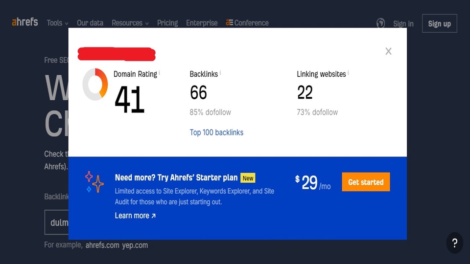 Jasa SEO murah, analisis website Ahrefs, domain rating 41, backlink 66, harga terjangkau.