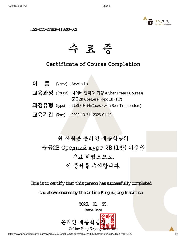Sertifikat kelulusan kursus bahasa Korea online - "Srednii kurs 2B (1 tahun)" dari Online King Sejong Institute