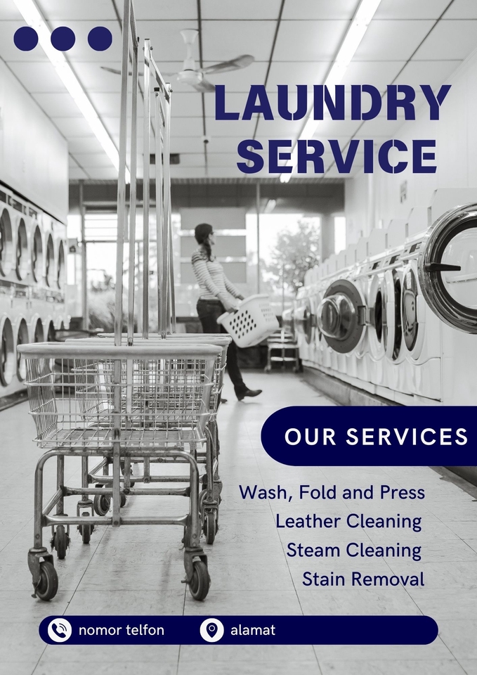 Jasa laundry dengan berbagai pilihan layanan seperti cuci, lipat, setrika, cuci kulit, cuci uap, dan penghilang noda.