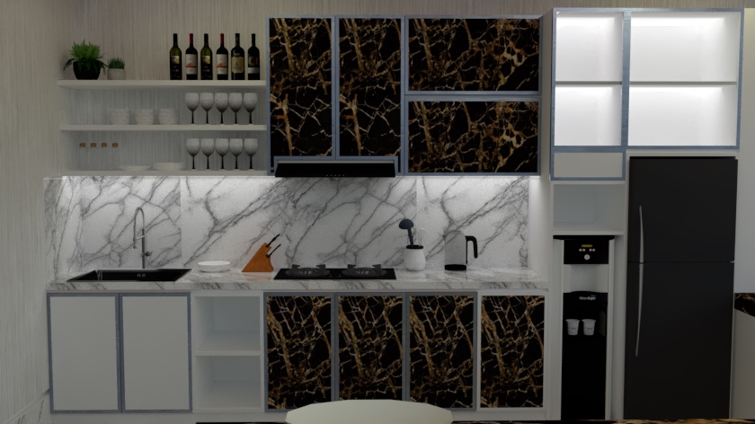 Desain lemari dapur minimalis modern marmer hitam emas jasa desain furniture 3d
