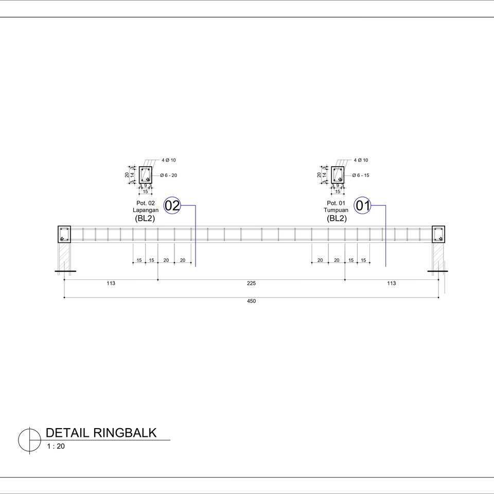Jasa drafter autocad freelance, gambar detail ring balk untuk proyek bangunan.