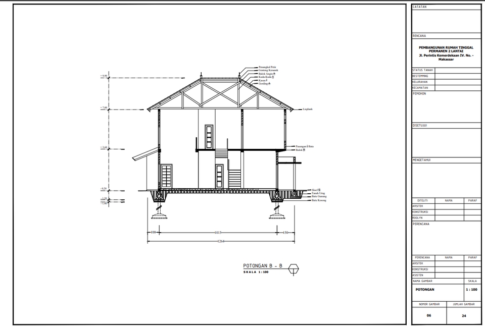 Jasa drafter autocad gambar denah rumah potongaan B skala 1:100