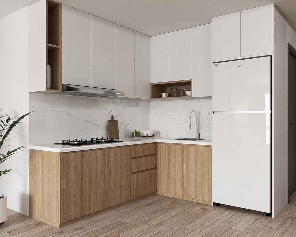 Jasa desain interior dapur minimalis modern dengan lemari putih dan kabinet kayu