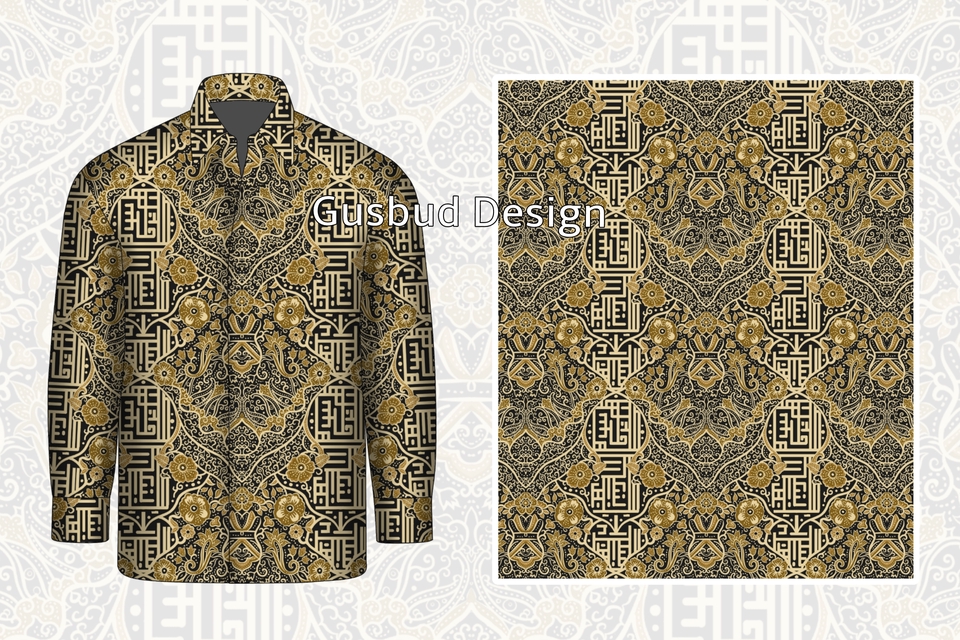 Desain kaos custom dengan motif batik modern dan warna emas untuk pria.