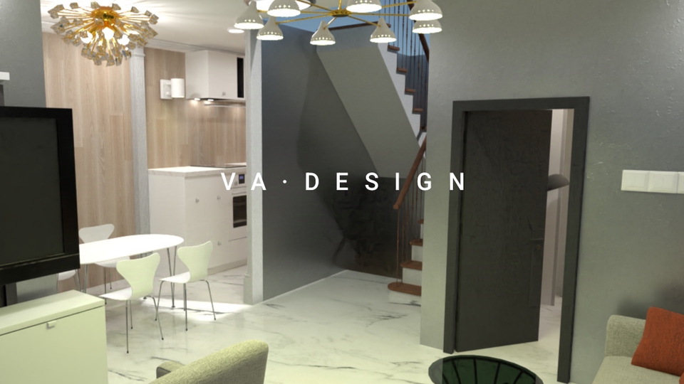 Desain interior ruang tamu minimalis dengan meja makan, kursi kayu, dan rak dinding.