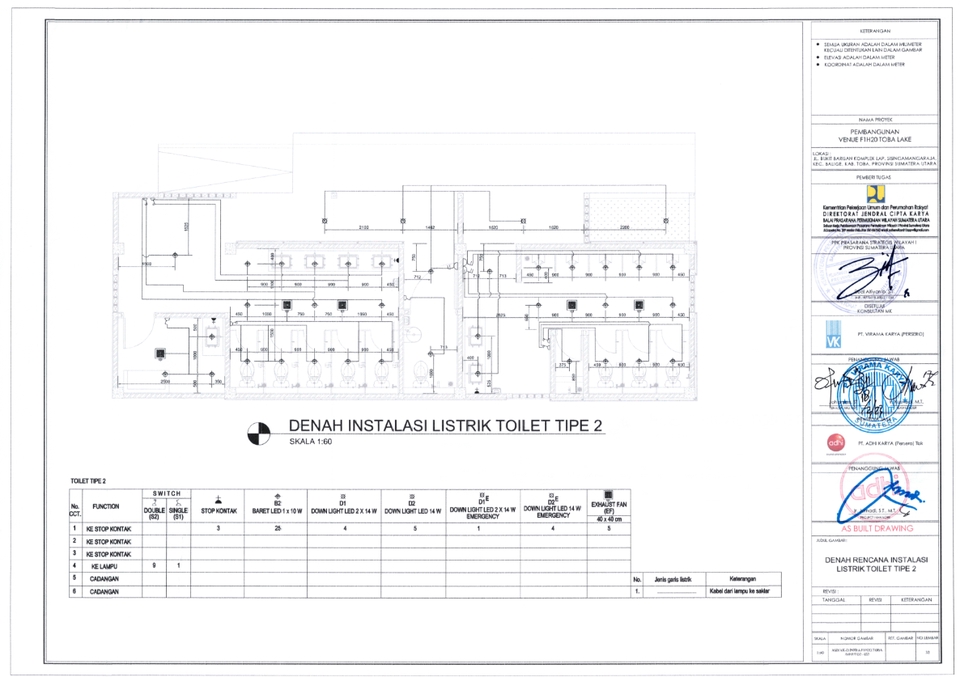 Jasa drafter autocad murah, pembuatan gambar denah instalasi listrik toilet tipe 2 dengan autocad.