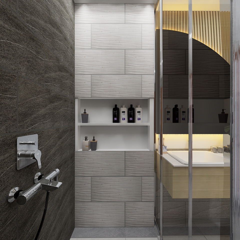 Jasa Desain Interior Kamar Mandi Minimalis Modern dengan Rak Penyimpanan dan Shower 3D