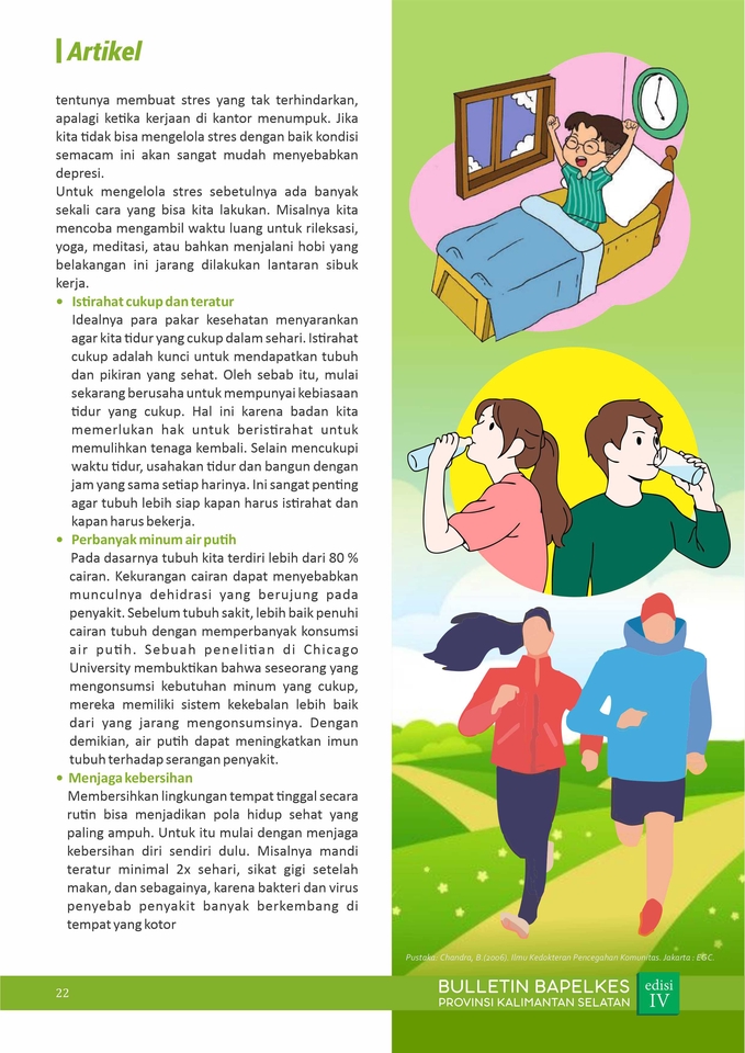 Desain brosur kesehatan: tips atasi stres, cukup tidur, minum air putih, dan jaga kebersihan. Jasa desain brosur online.