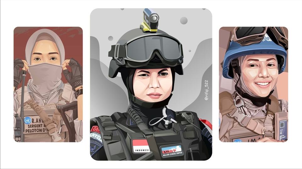 Jasa ilustrasi wanita tentara dengan seragam lengkap, gambar ilustrasi tentara wanita, jasa ilustrasi karakter wanita.