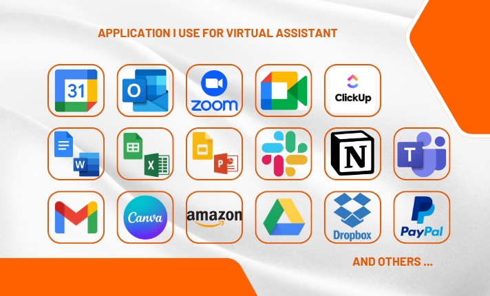 Jasa asisten virtual profesional menggunakan aplikasi populer seperti Zoom, Canva, Google Workspace, dan Dropbox untuk membantu klien.
