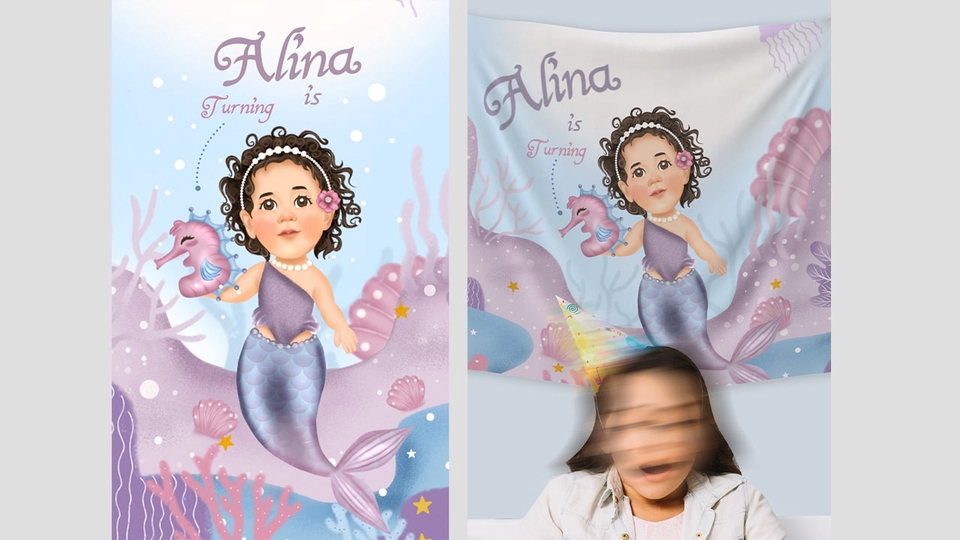 Jasa karikatur ilustrasi wajah Alina, desain vektor karikatur putri duyung