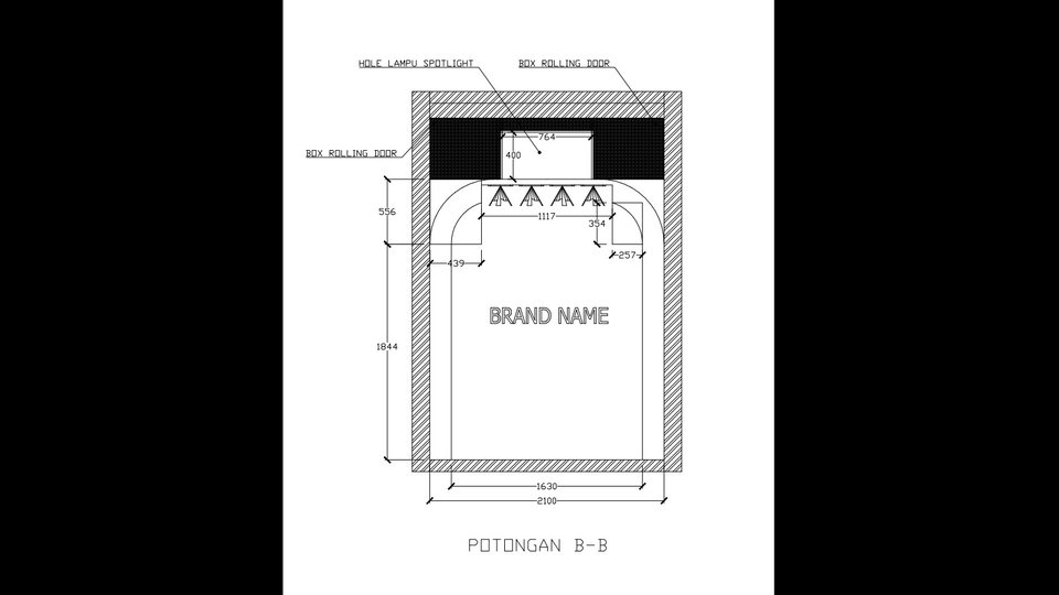 Jasa drafter autocad, gambar potongan tampak depan dengan brand name.