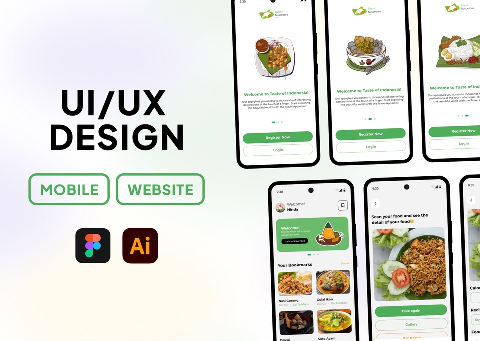 Desain UI UX aplikasi mobile untuk platform freelancing dengan tampilan mockup, desain antarmuka, dan user experience.