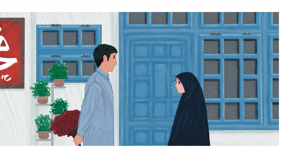 Ilustrasi kartun dua orang berdiri di depan rumah dengan jendela dan pintu berwarna biru.