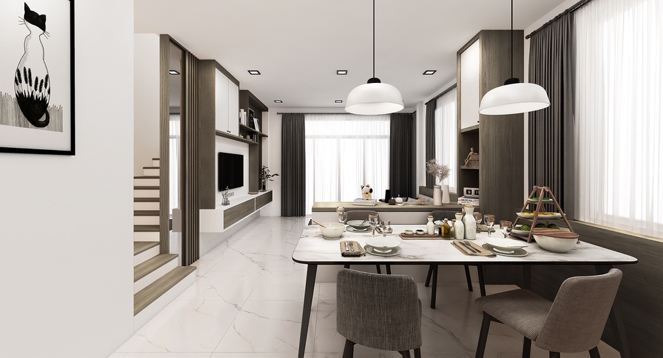 ภาพเรนเดอร์ 3 มิติ ของการออกแบบบ้าน 3d ที่มีห้องรับประทานอาหาร รับทำภาพ 3d perspective รับออกแบบบ้าน 3d รับเขียนแบบบ้าน 3d ราคาถูก