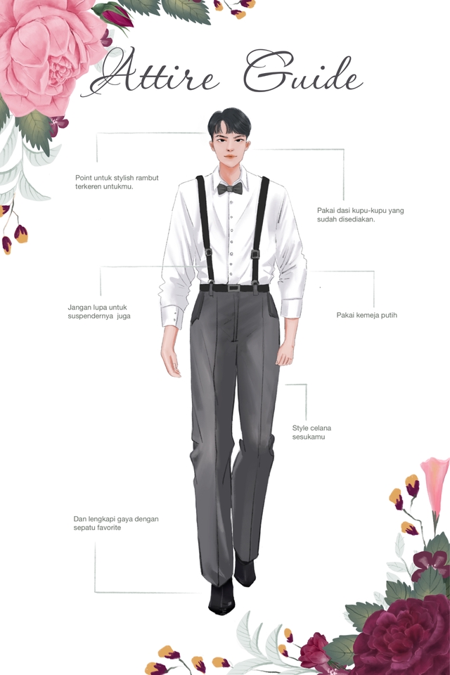 Jasa ilustrasi pria mengenakan kemeja putih dan suspender untuk inspirasi desain baju pernikahan