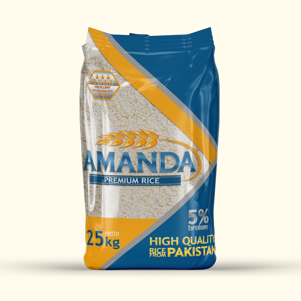 Jasa desain kemasan makanan premium, Amanda premium rice, desain kemasan beras, desain kemasan produk makanan, desain kemasan unik.