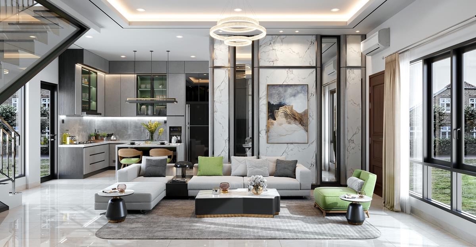 Desain ruang tamu minimalis modern dengan sofa abu-abu dan lemari kayu